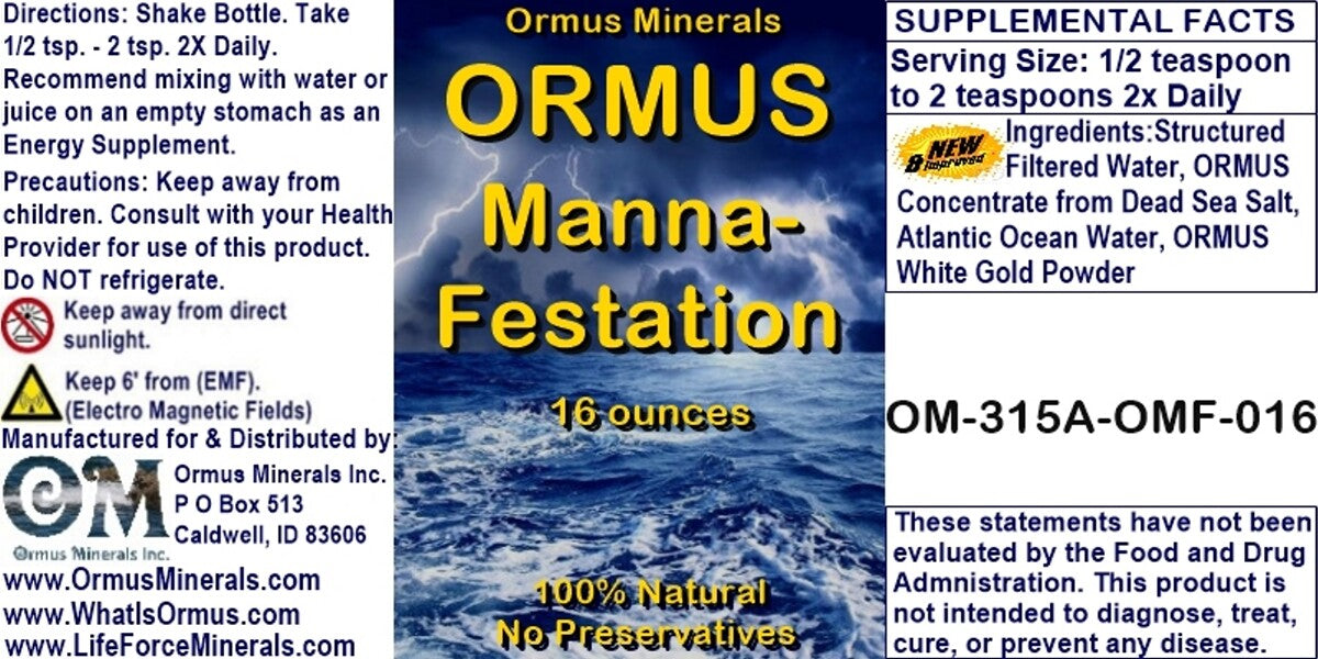 Ormus Manna-Festations - 16oz, Monatomic m-state gold liquid Energy Focus Immune