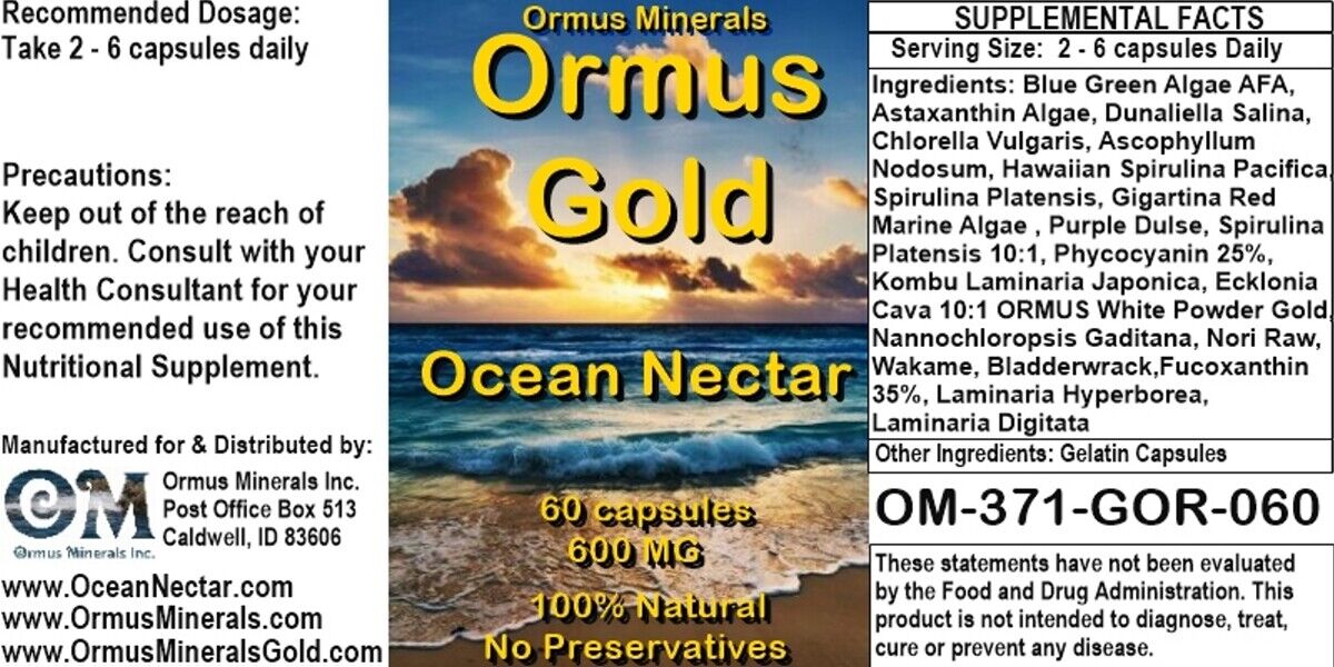 Ormus Gold Ocean Nectar Marine Phytoplankton Super Food Energy Booster 60 caps