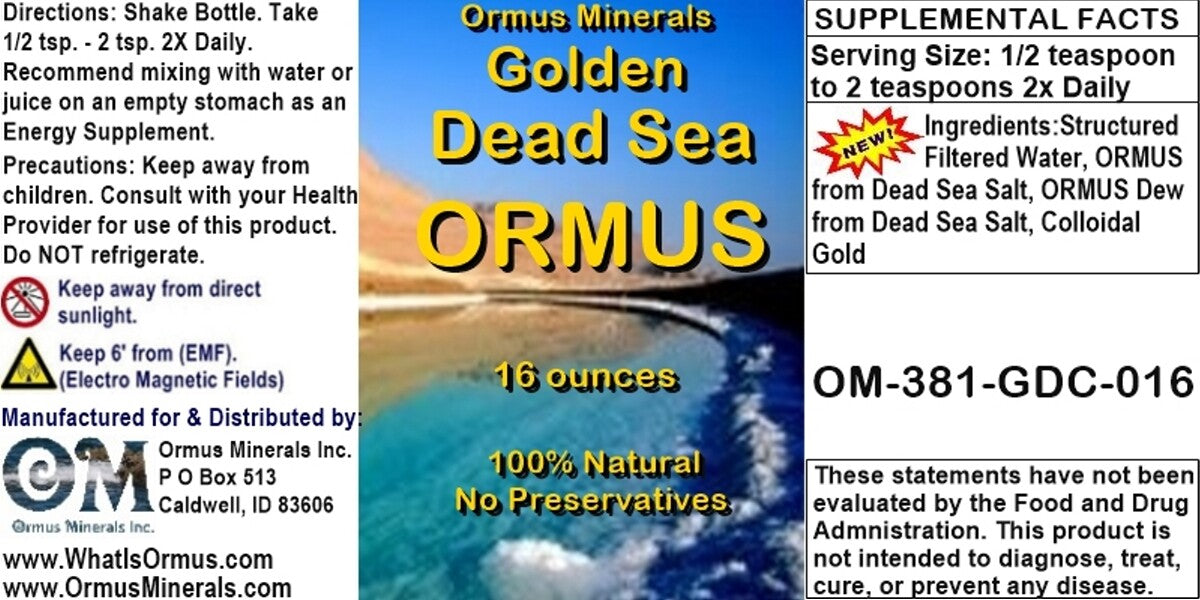 Golden Dead Sea Ormus Mental Health Pain Relief Skin Support Immunity 16oz